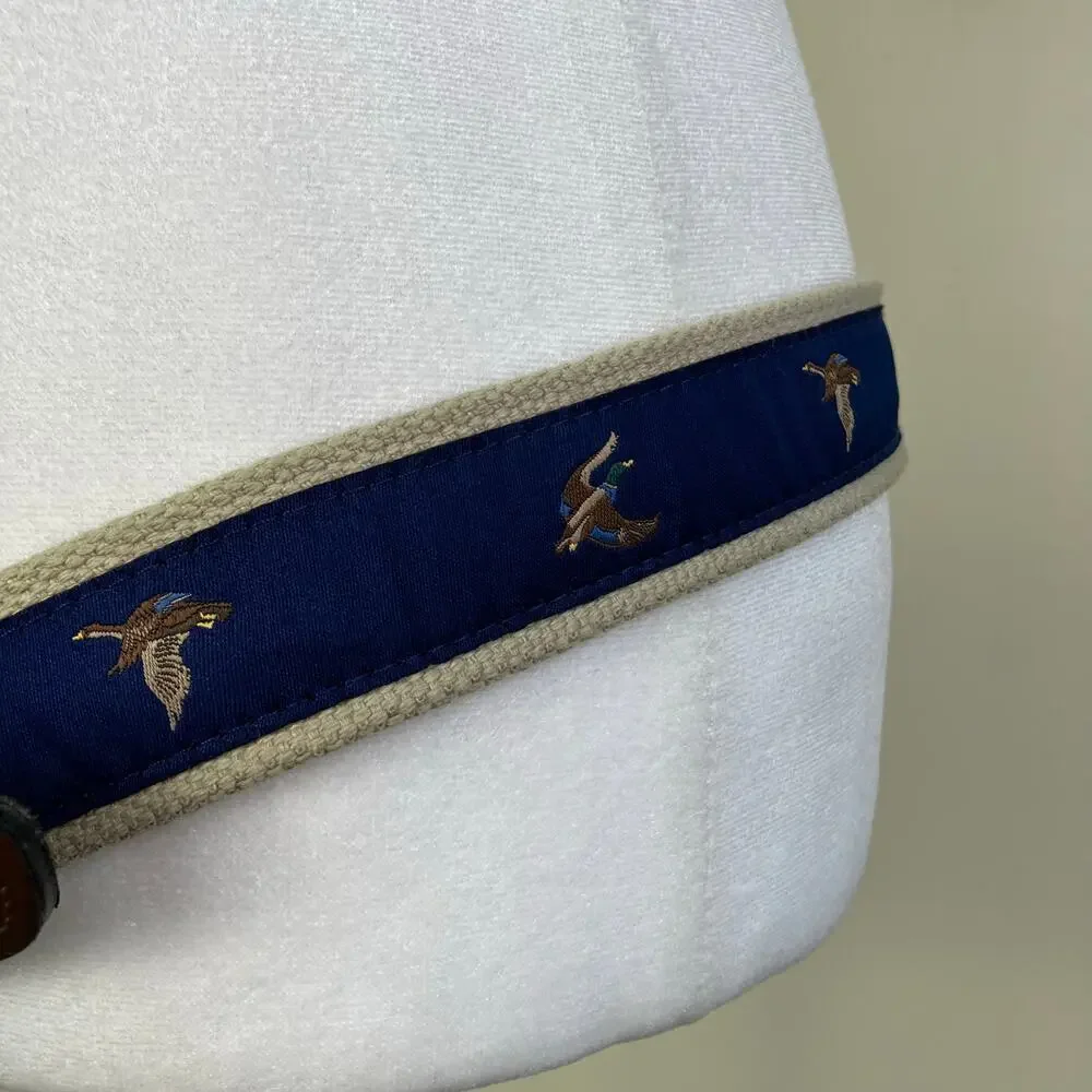 KEH Mens Sz M / 36 Vintage Leather Canvas Belt w Mallard Duck Design Brown Blue